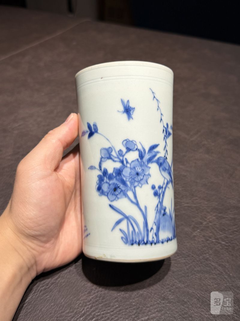 明崇祯 青花花鸟图笔筒 - 图4